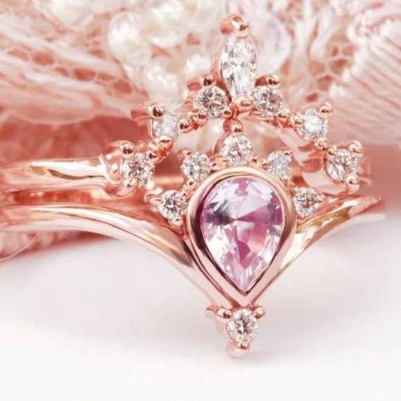 HPπ2pc Rose Gold Pink Sapphire Diamond Pear Ring - Picture 5 of 5